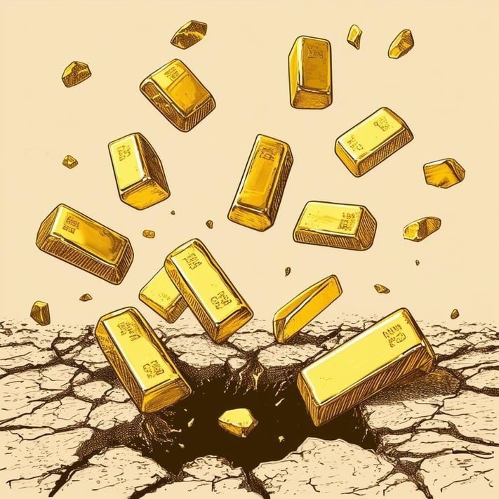 Gold ingots falling through a crack in the ground