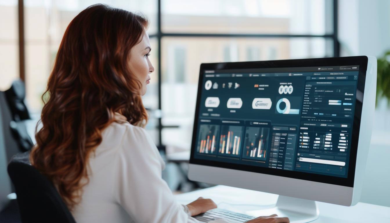 a saleswoman sitting at a computer viewing her crm system