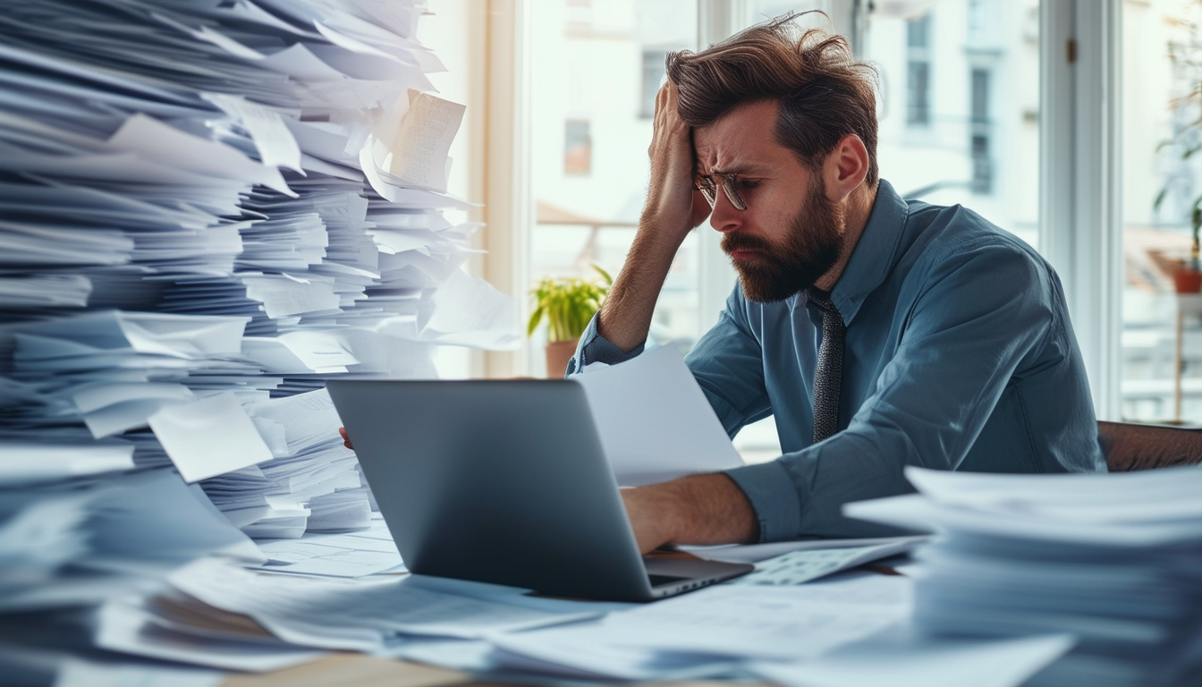 A stressed business owner surrounded by chaotic pa