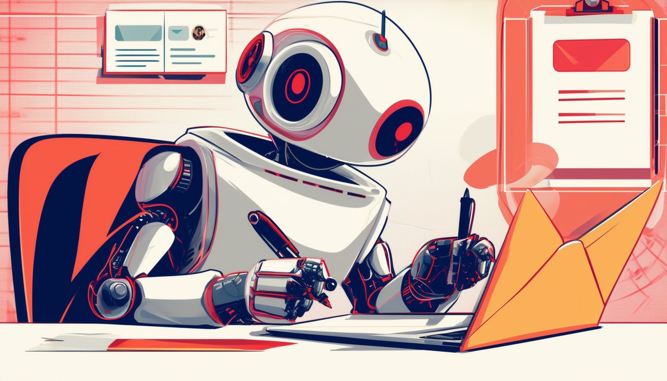 An illustration of a friendly robot writing an ema